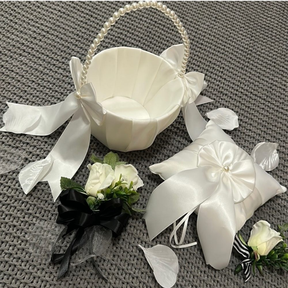 Wedding FLOWER GIRL Basket and ring bearer pillow silk and pearls TRUE WHITE